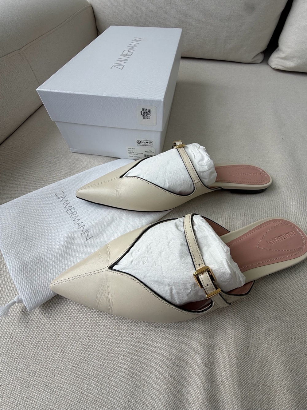Zimmermann Cream Ecru Leather Pointed Aura Mule with Gold Buckle